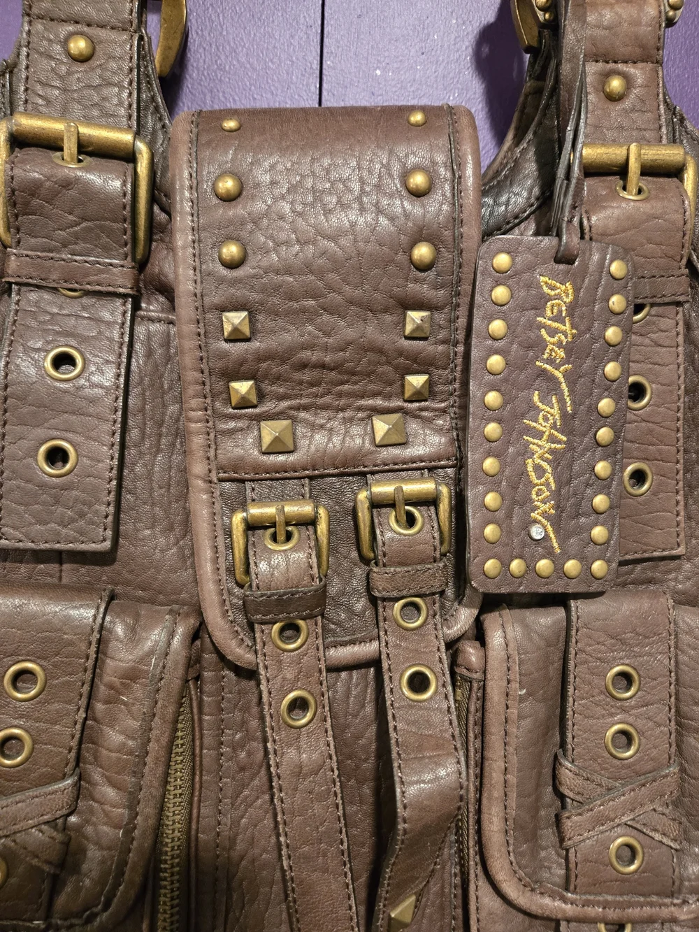 Betsey Johnson Brown Stud-Embellished Leather Shoulder Bag
